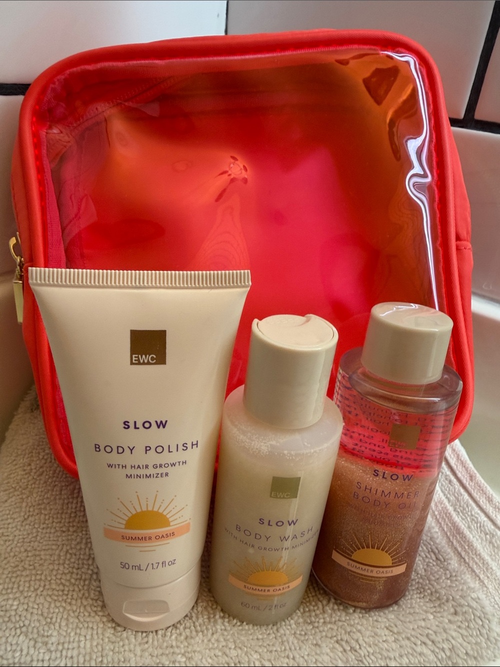 Slow Hair Minimizer Summer Oasis Body Set Polish, Wash & Glow w/Travel Pouch